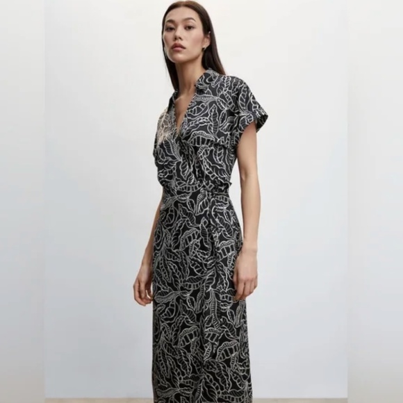 (SOLD) Mango black leaf pattern collared wrap midi dress, US size 10 - Picture 1 of 11